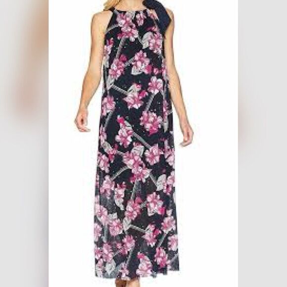 NWT Ellen Tracy Women's Blue Floral Sleeveless Halter Tie Maxi Dress Size small - Picture 1 of 6